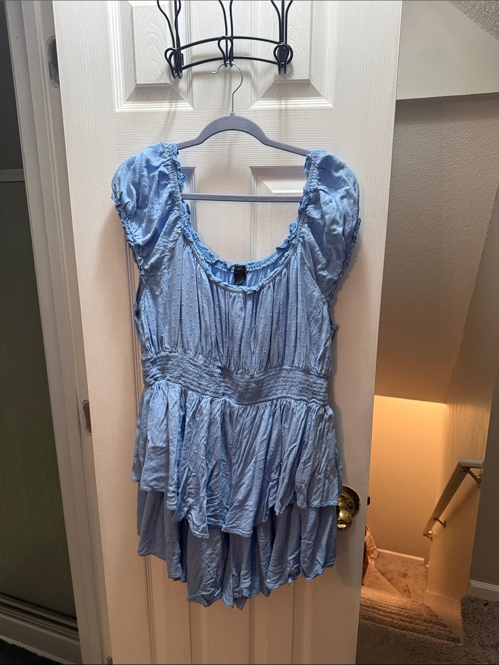Light Blue Women's Smocked Waist romper.